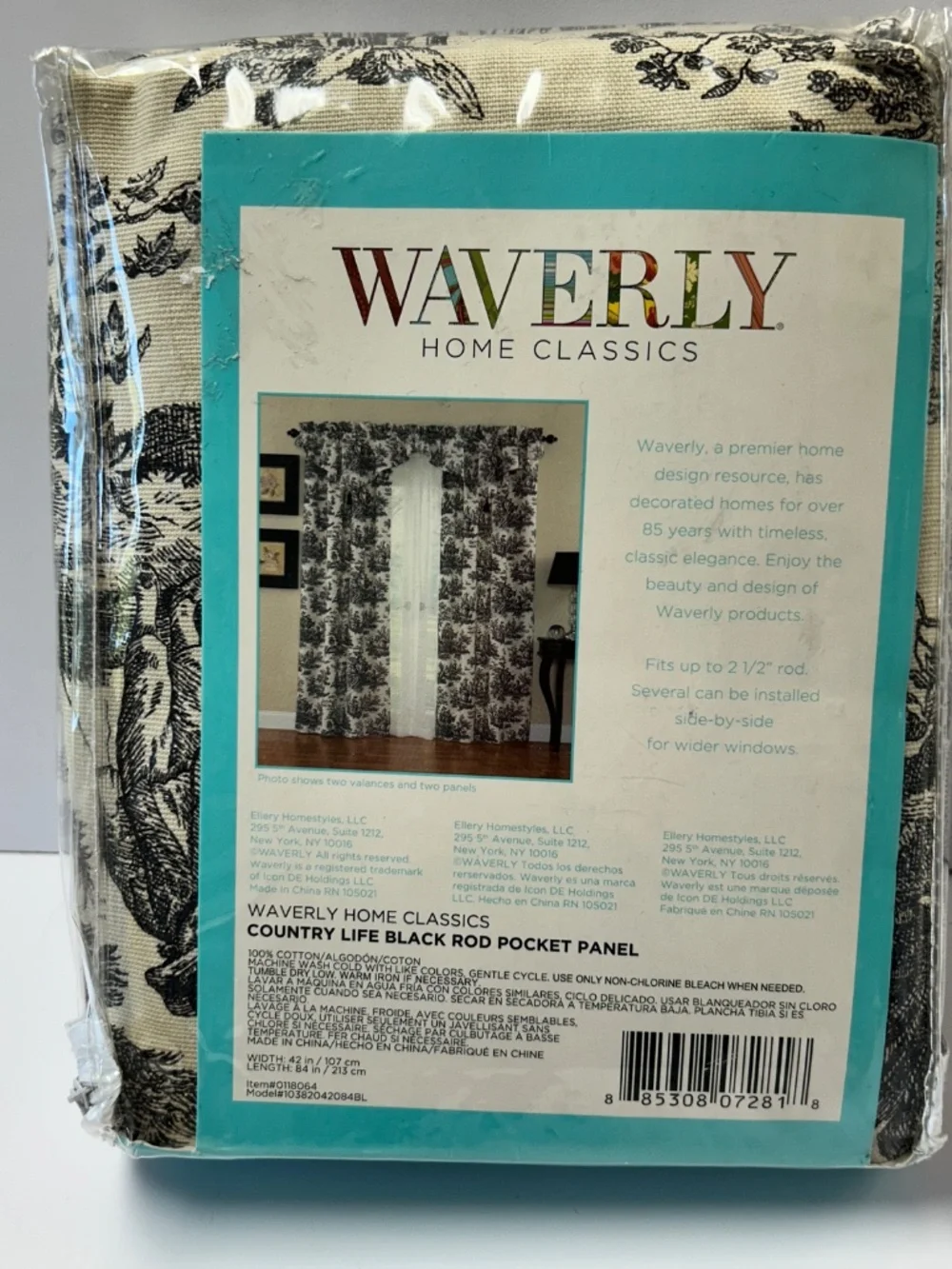 Waverly Country Life Black Toile w/Tie Back Single Curtain Panel 42